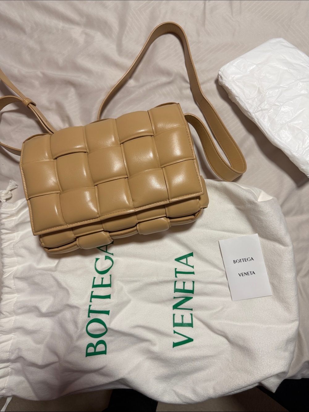AUTHENTIC Bottega Veneta Padded Cassette Crossbody in ALMOND